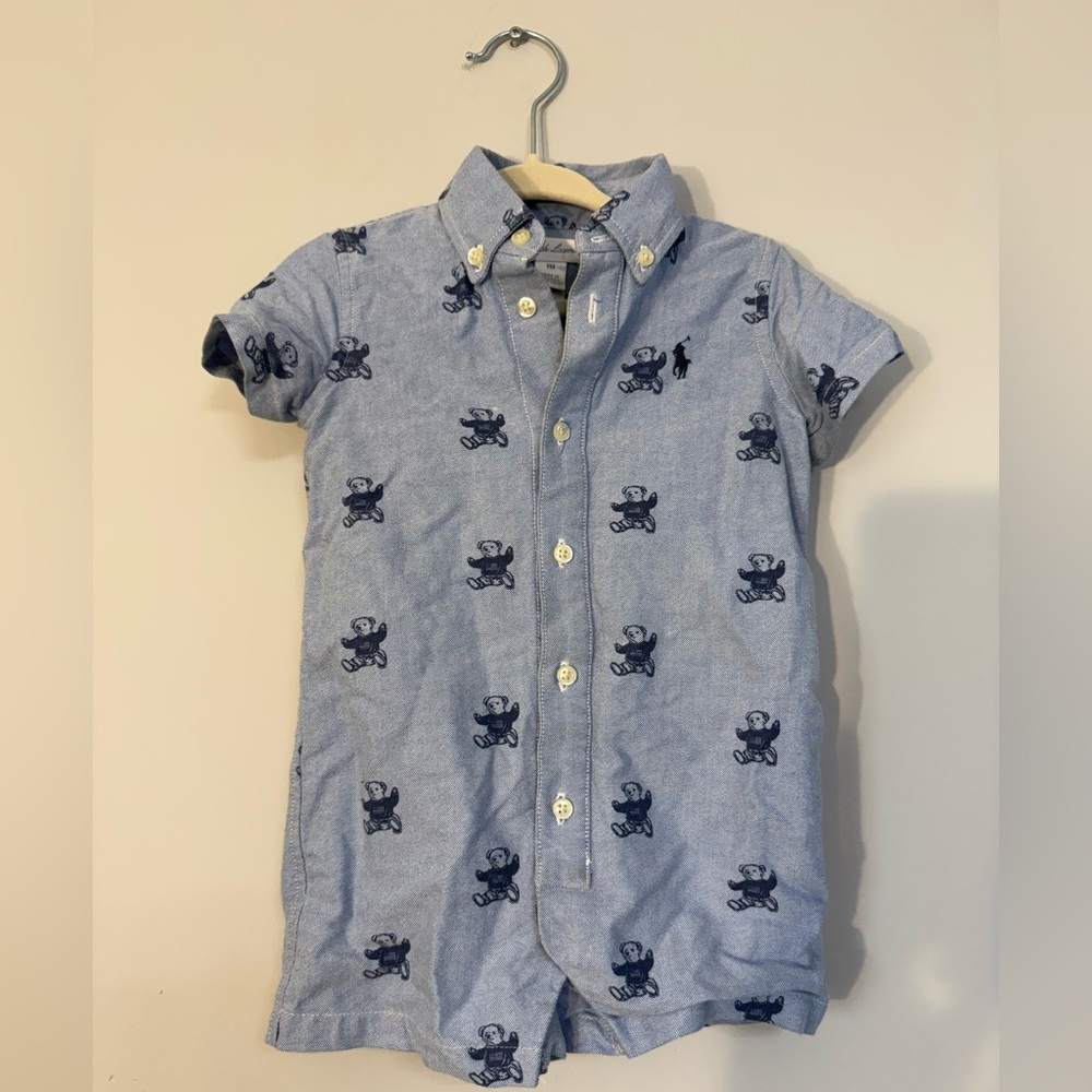 Ralph Lauren polo Light Blue Shortall Button-Down with Navy Polo Bear preppy 9M